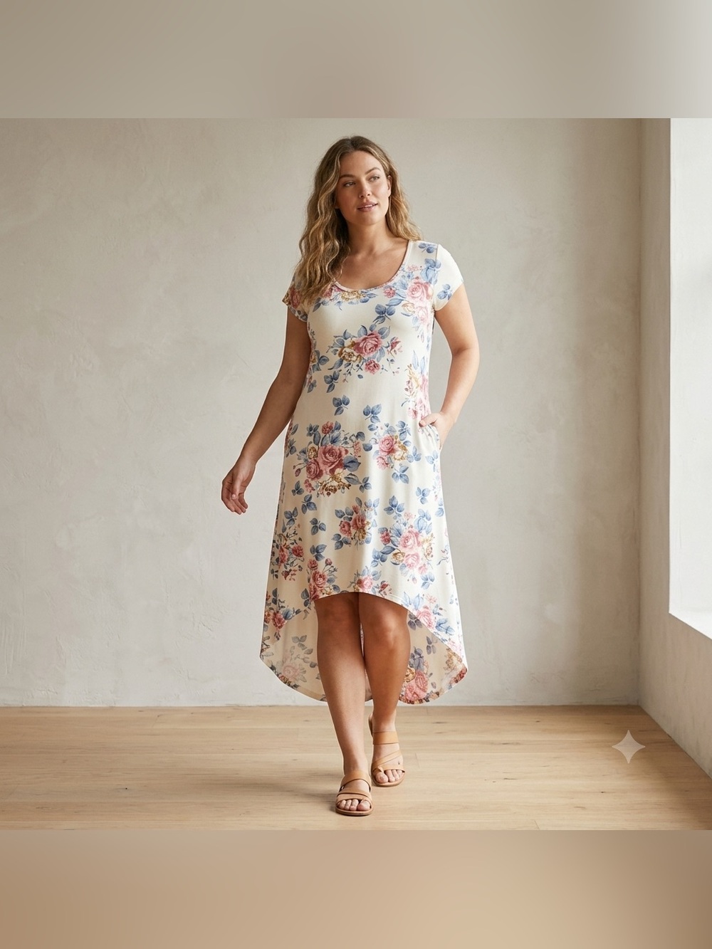 Magazine Short Sleeve Scoopneck Floral High Low Ultra Soft Dress Womens Size L